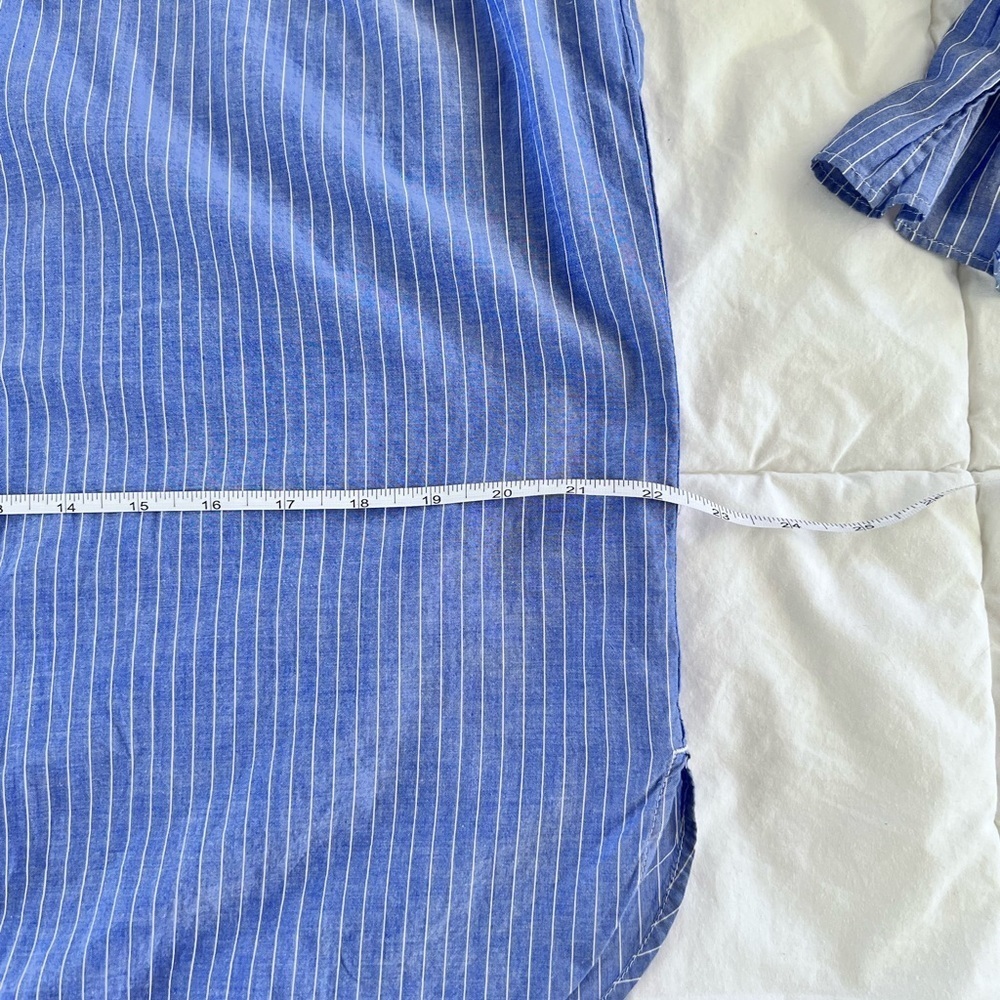 LOFT EMBROIDERED TAB COLLAR BUTTONDOWN TOP BLUE WHITE STRIPED BOHO RUFFLE SLEEVE - Picture 6 of 11